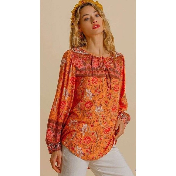 New Umgee S M Peach Mixed Floral Border Print Long Puff Sleeve Split Neck Top - Picture 4 of 4
